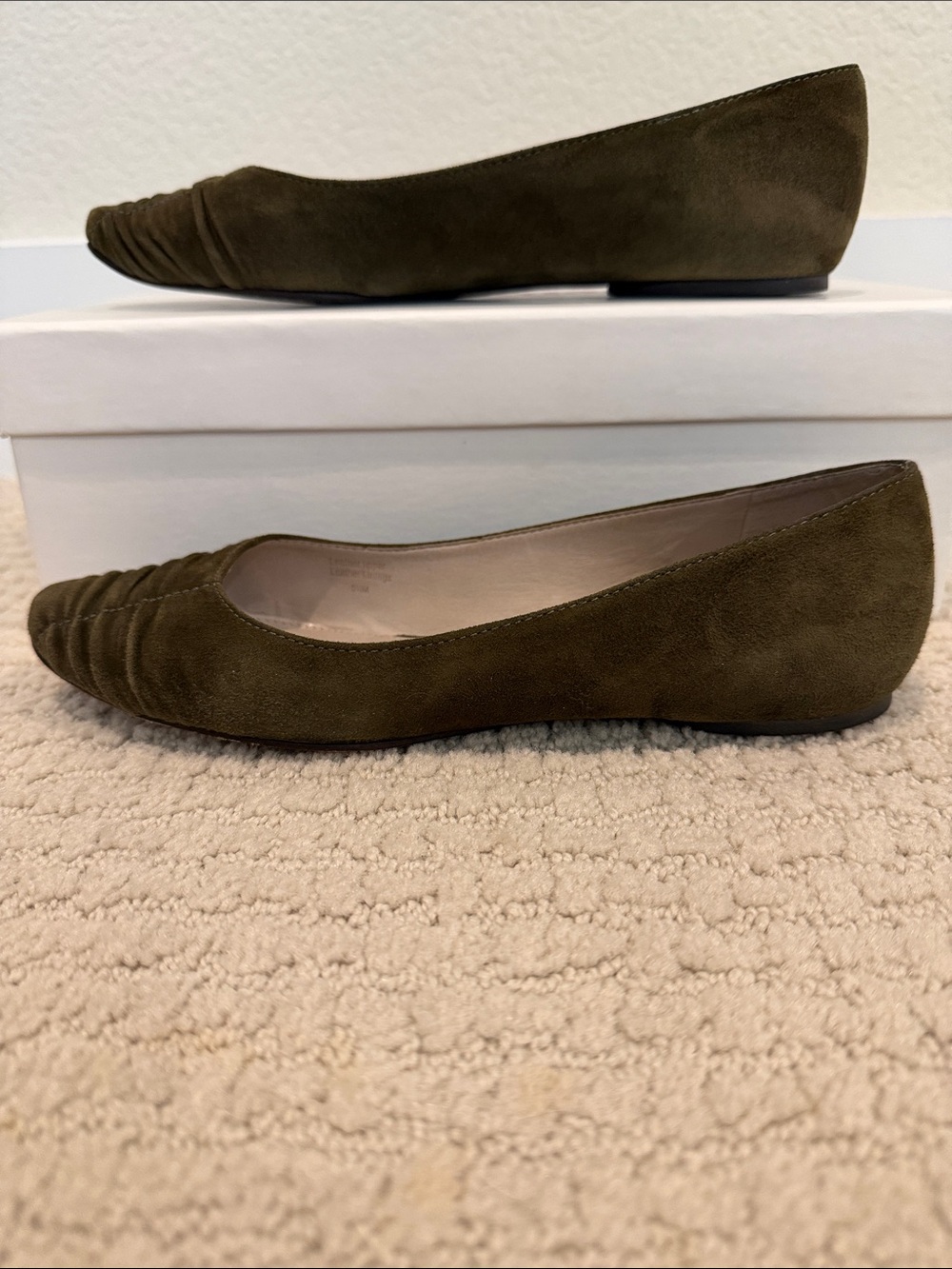 Via Spiga Olive Suede Ruched Toe Ballet Flats